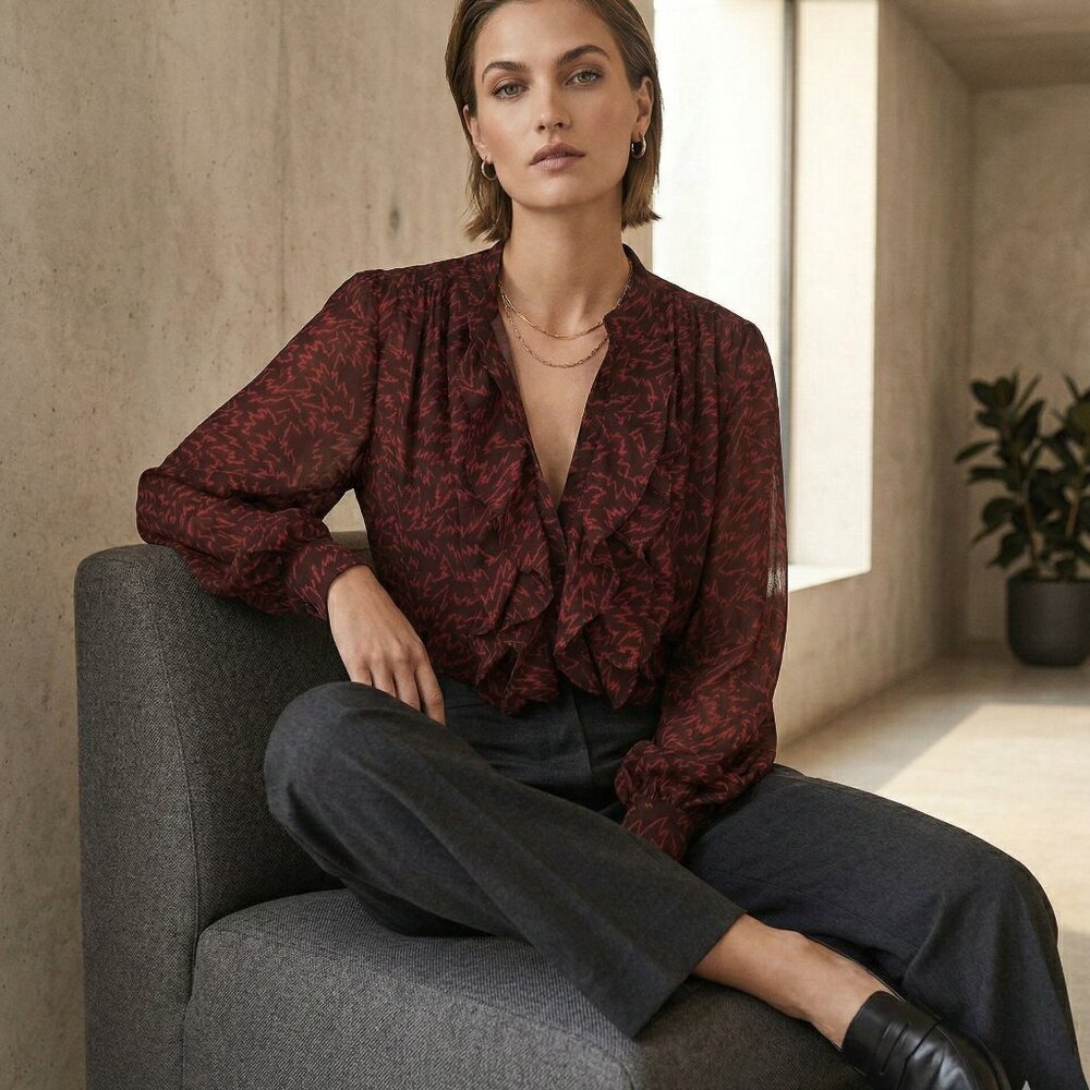 REISS Pippa Ruffled Zig‑Zag Printed Blouse — Size 6 — NWT